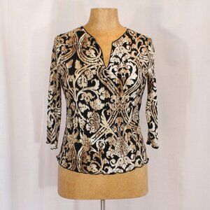 Meredith Matthews Petite Three-Quarters Length Sleeve Black and Gold Top